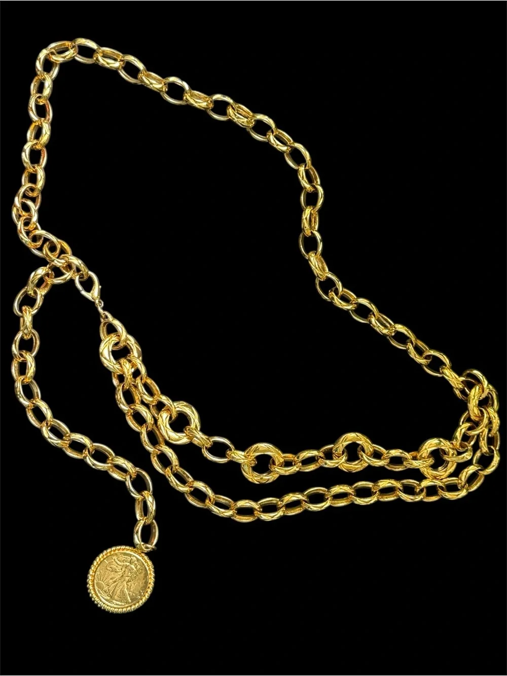 Vintage Gold Chain Link Belt with Gold Coin