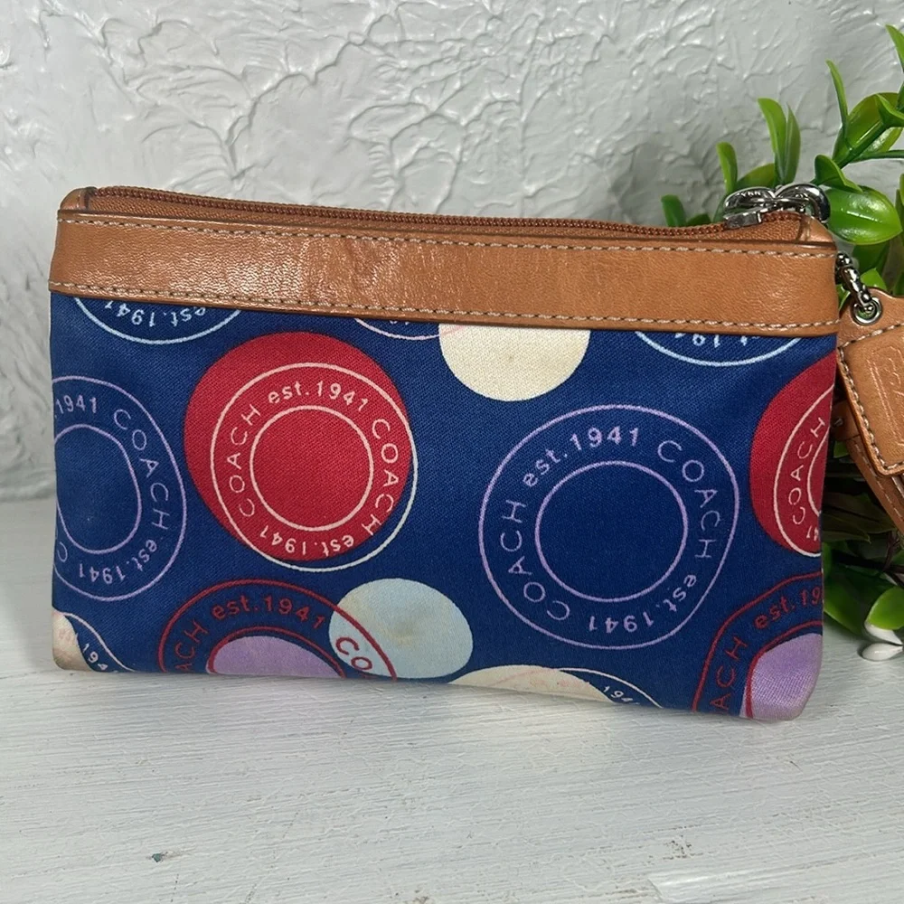 Coach Leah Polka a Dot Multicolor Wristlet with Carmel Leather Trim Hang Tag